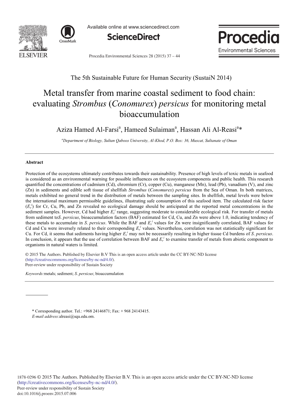 Metal Transfer from Marine Coastal Sediment to Food Chain: Evaluating Strombus (Conomurex) Persicus for Monitoring Metal Bioaccumulation