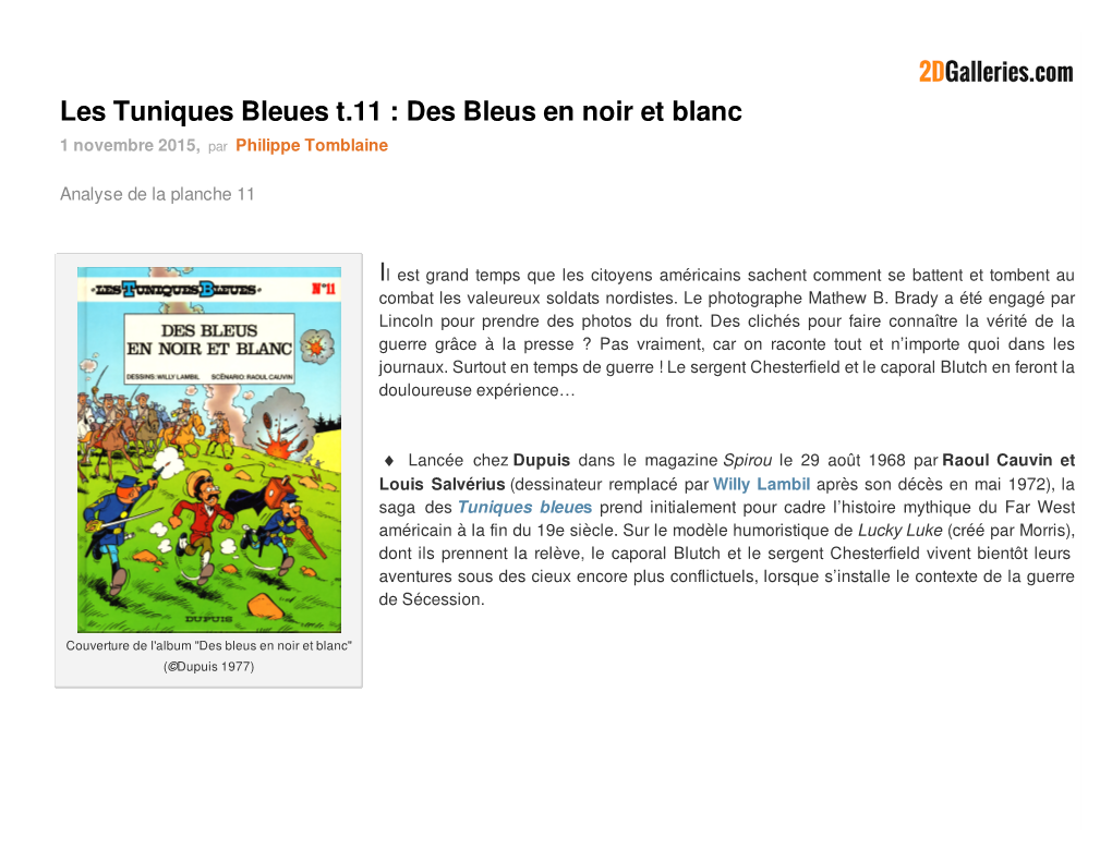 Les Tuniques Bleues T.11 : Des Bleus En Noir Et Blanc 1 Novembre 2015, Par Philippe Tomblaine