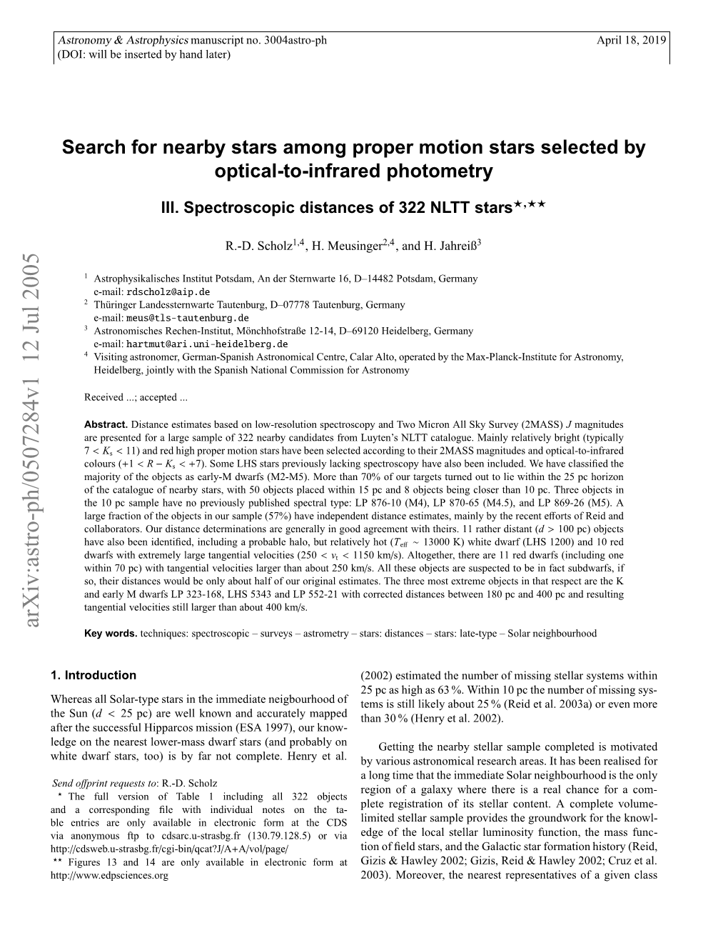 Search for Nearby Stars Among Proper Motion Stars Selected by Optical-To
