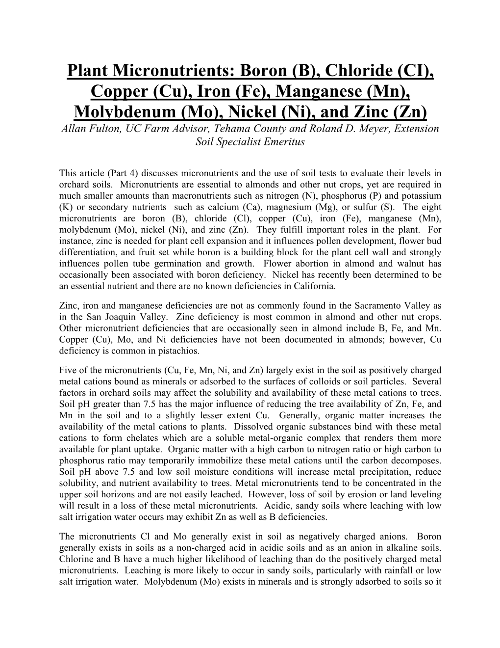 Plant Micronutrients: Boron (B), Chloride (CI), Copper (Cu), Iron (Fe