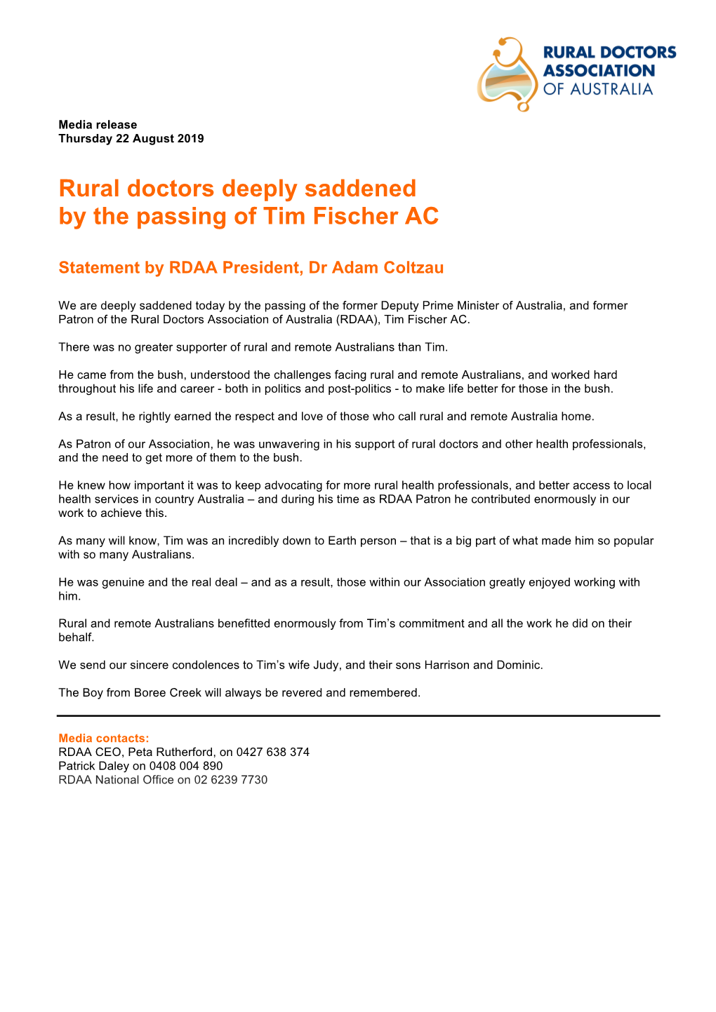 Rural Doctors Deeply Saddened by the Passing of Tim Fischer AC