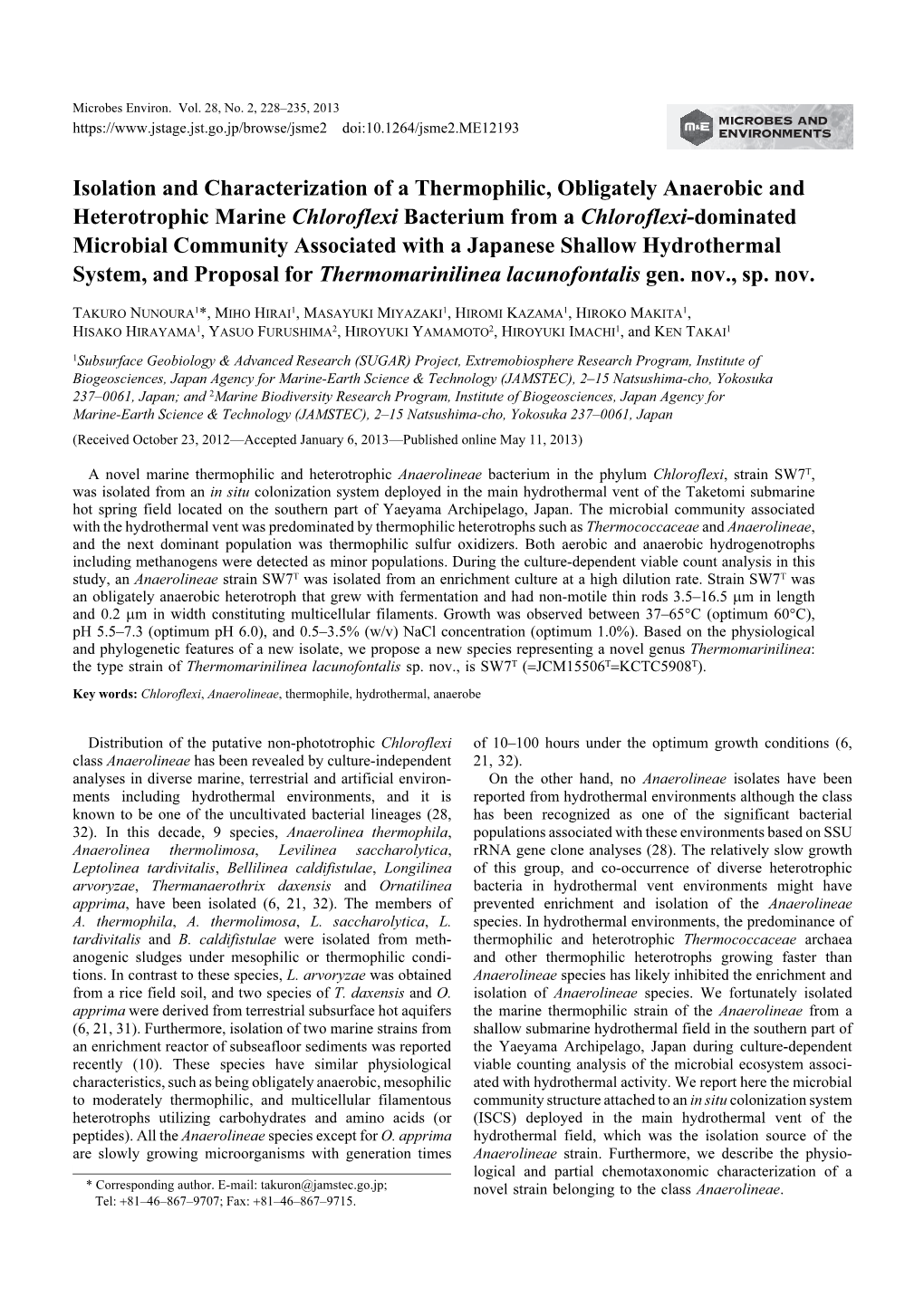 Isolation and Characterization of a Thermophilic, Obligately Anaerobic and Heterotrophic Marine Chloroflexi Bacterium from A