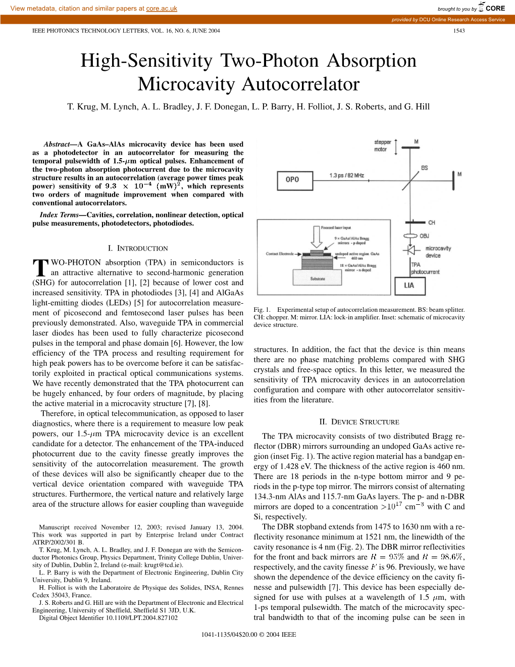 High-Sensitivity Two-Photon Absorption Microcavity Autocorrelator T