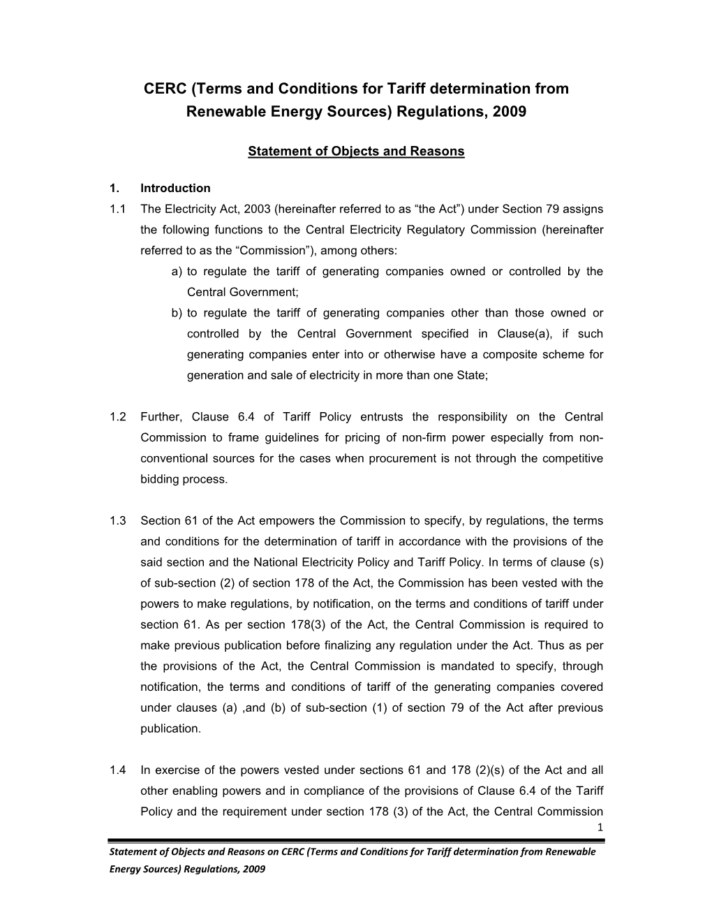 CERC (Terms and Conditions for Tariff Determination from Renewable Energy Sources) Regulations, 2009