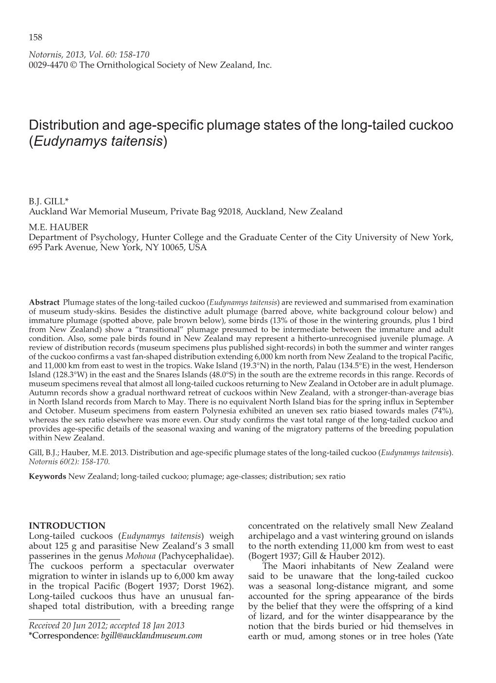 Distribution and Age-Specific Plumage States of the Long-Tailed Cuckoo (Eudynamys Taitensis)