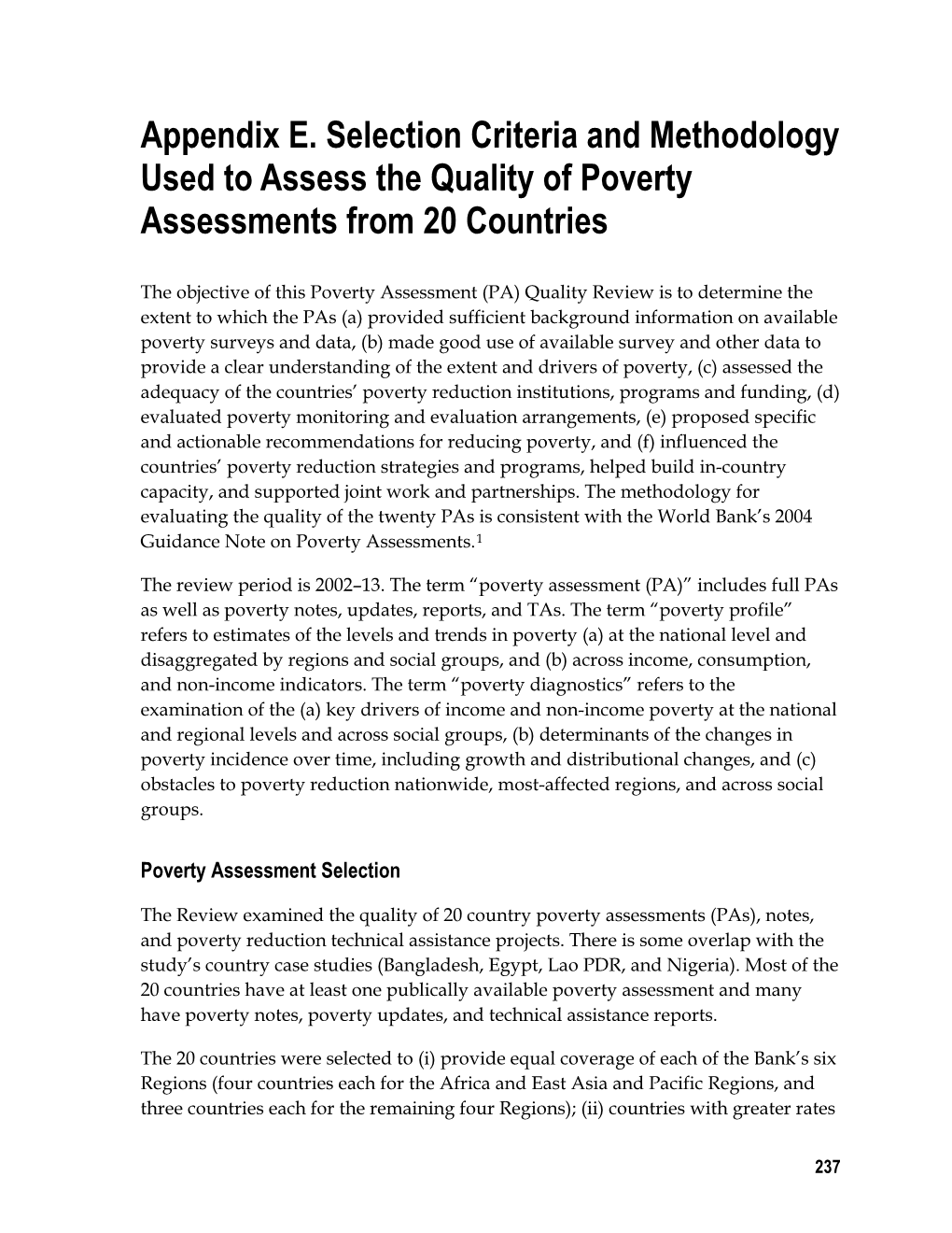 Appendix E. Selection Criteria and Methodology Used to Assess the Quality of Poverty Assessments from 20 Countries