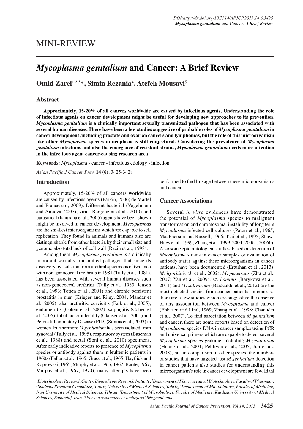 Mycoplasma Genitalium and Cancer: a Brief Review
