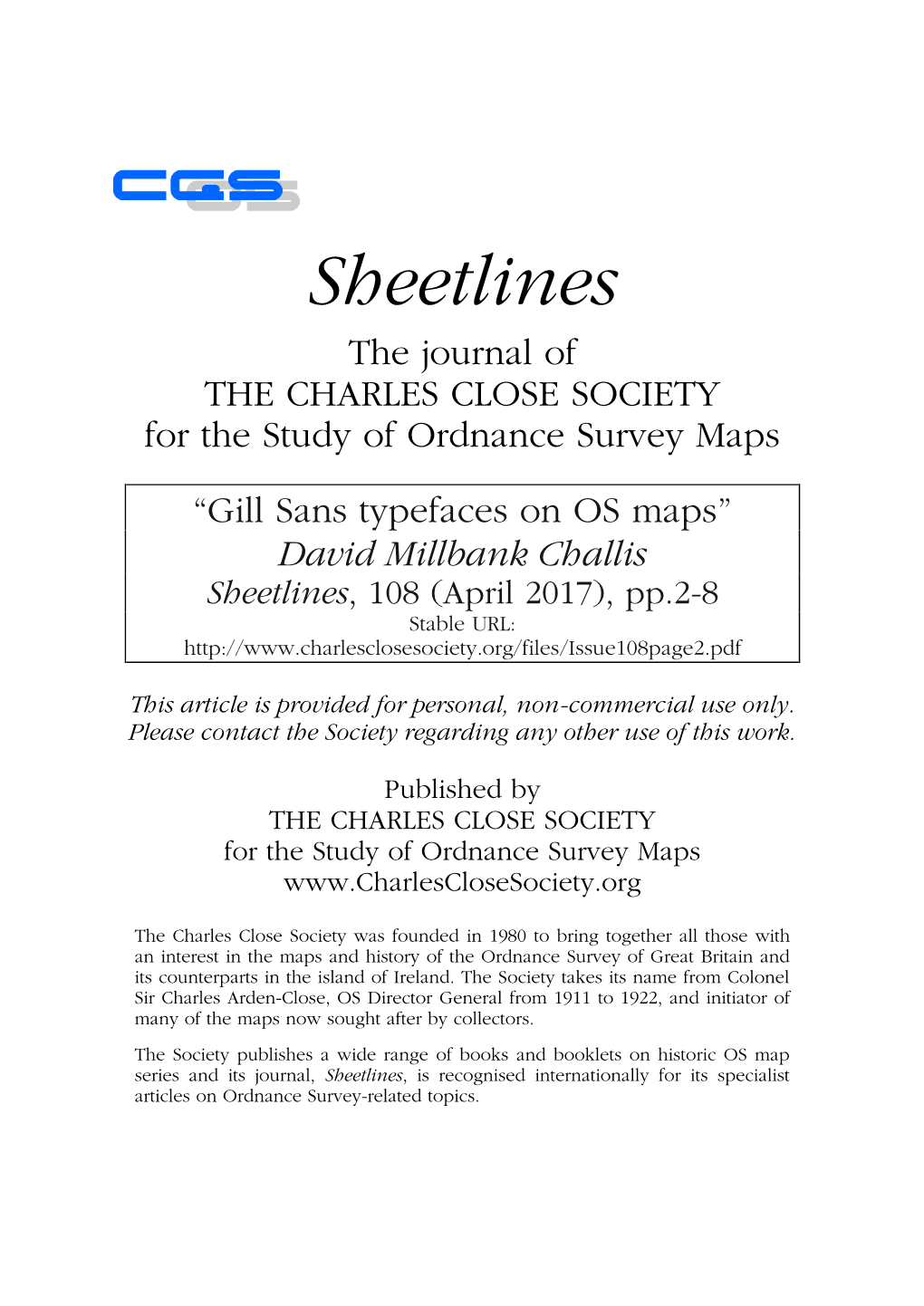 “Gill Sans Typefaces on OS Maps” David Millbank Challis Sheetlines, 108 (April 2017), Pp.2-8 Stable URL
