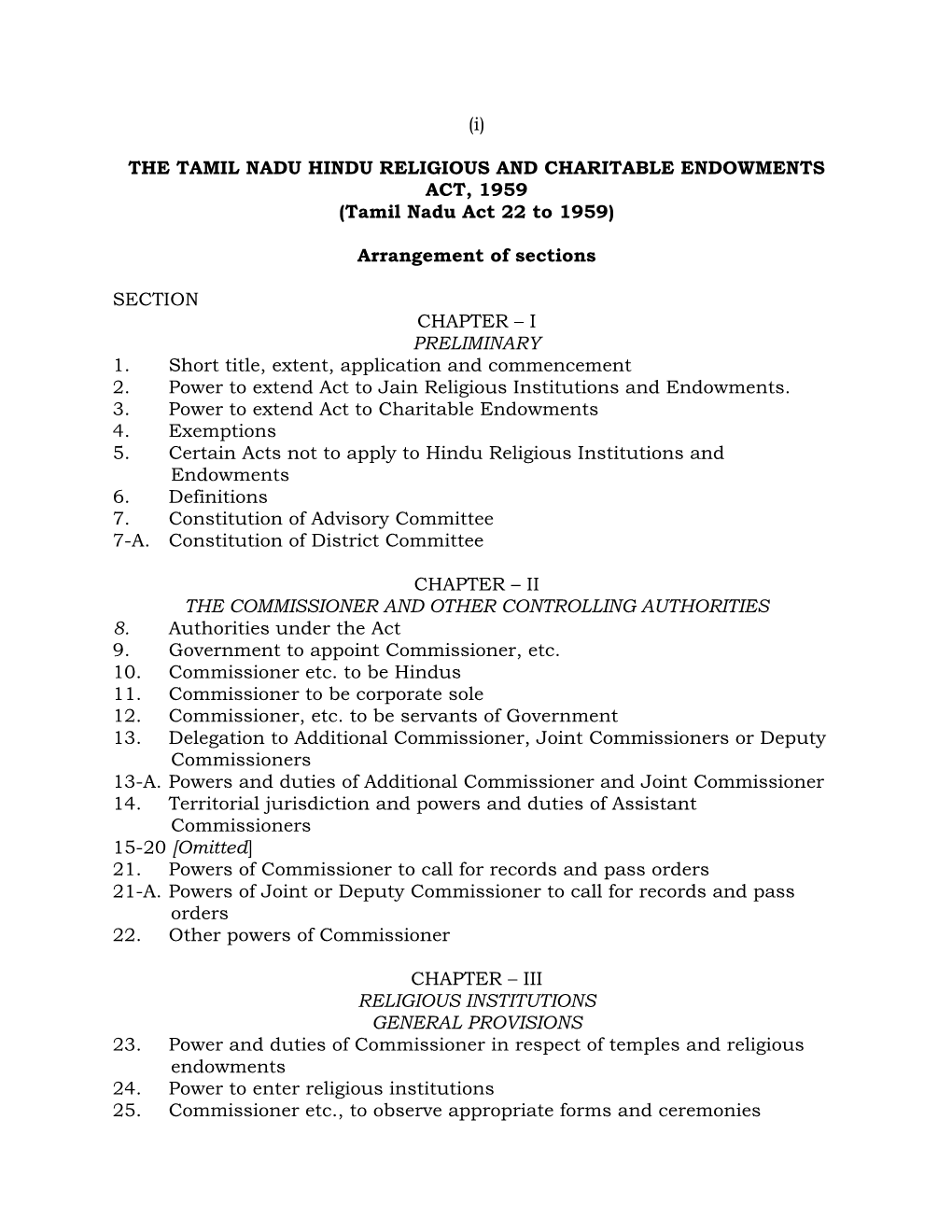 HINDU RELIGIOUS and CHARITABLE ENDOWMENTS ACT, 1959 (Tamil Nadu Act 22 to 1959)