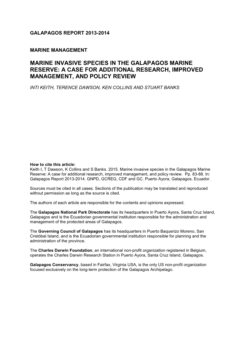 Marine Invasive Species in the Galapagos Marine Reserve: a Case for Additional Research, Improved Management, and Policy Review