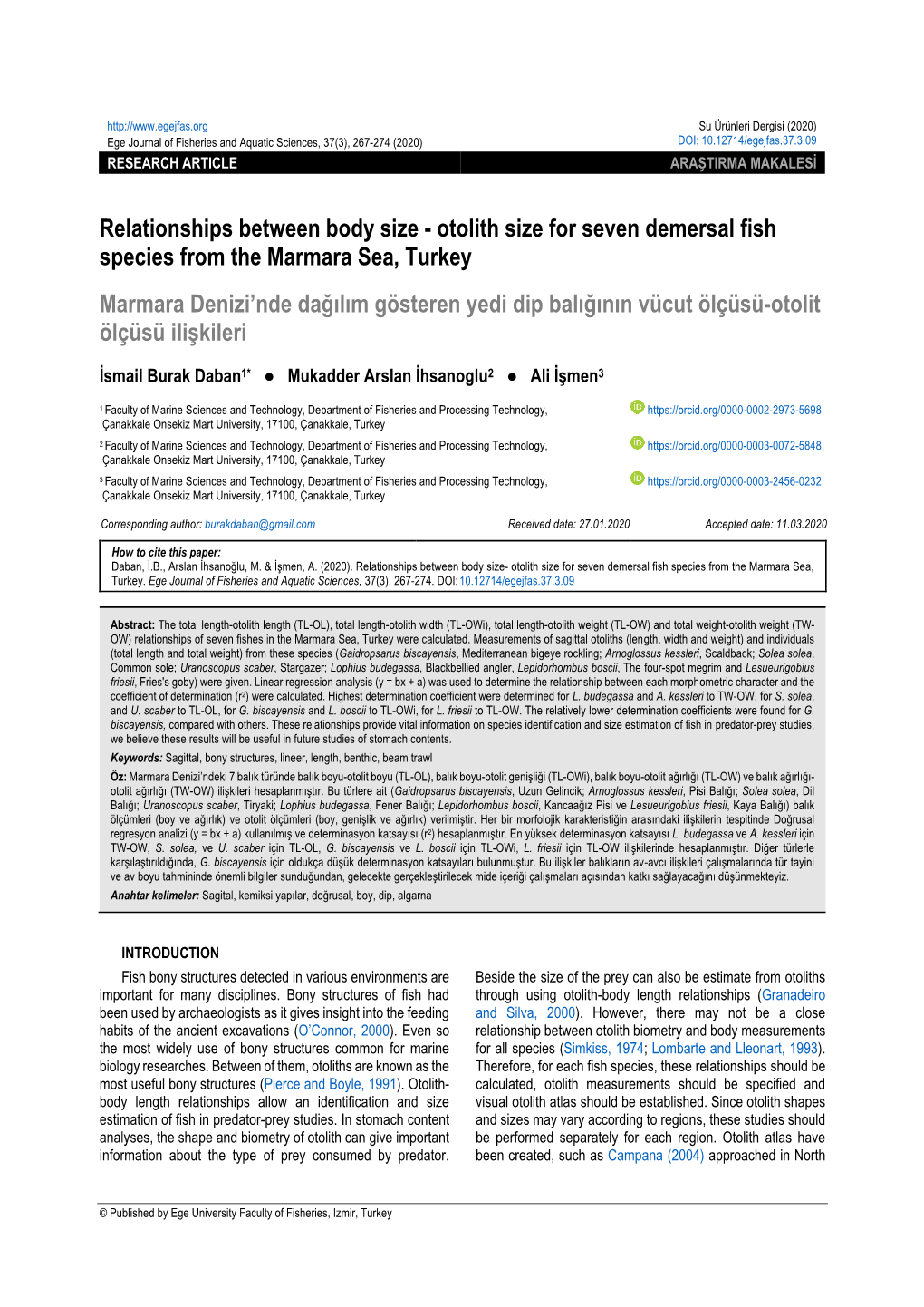 Otolith Size for Seven Demersal Fish Species From