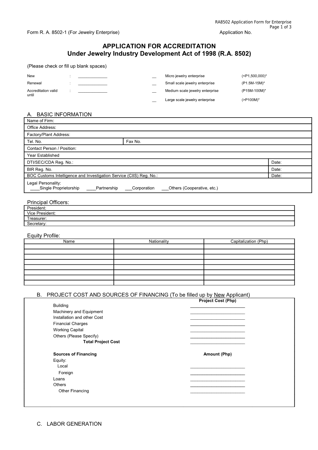 RA8502 Application Form for Enterprise