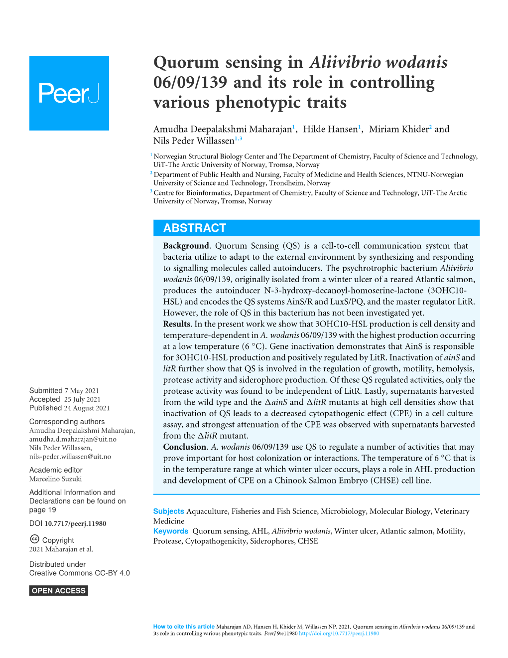 Quorum Sensing in Aliivibrio Wodanis 06/09/139 and Its Role in Controlling Various Phenotypic Traits