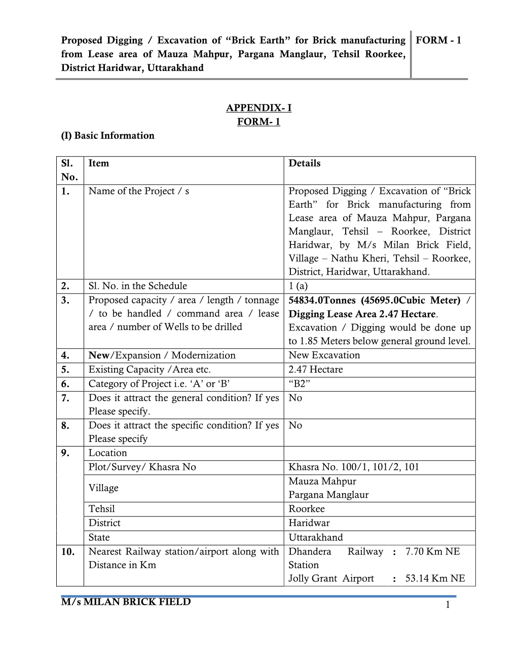 Brick Earth” for Brick Manufacturing FORM - 1 from Lease Area of Mauza Mahpur, Pargana Manglaur, Tehsil Roorkee, District Haridwar, Uttarakhand