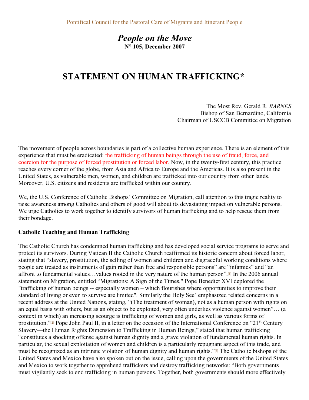 People on the Move STATEMENT on HUMAN TRAFFICKING*