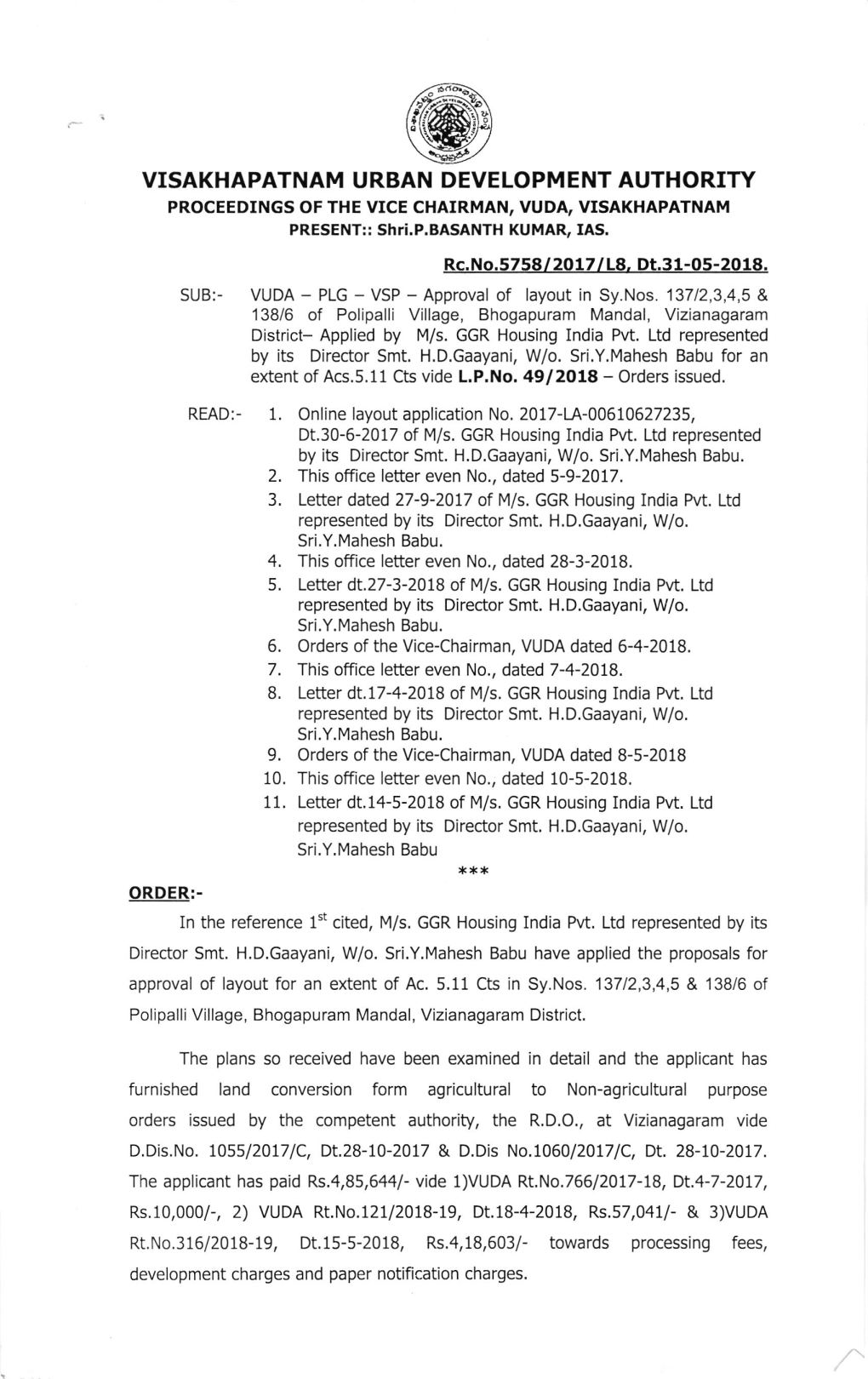 VISAKHAPATNAM URBAN DEVELOPMENT AUTHORITY PROCEEDINGS of the VICE CHAIRMAN, VUDA, VISAKHAPATNAM PRESENT:: Shti.P.BASANTH KUMA& IAS