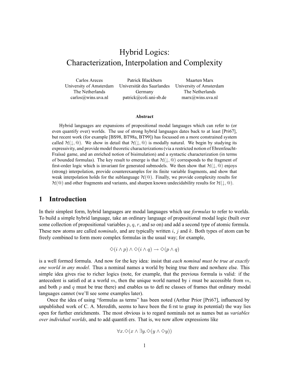 Hybrid Logics: Characterization, Interpolation and Complexity