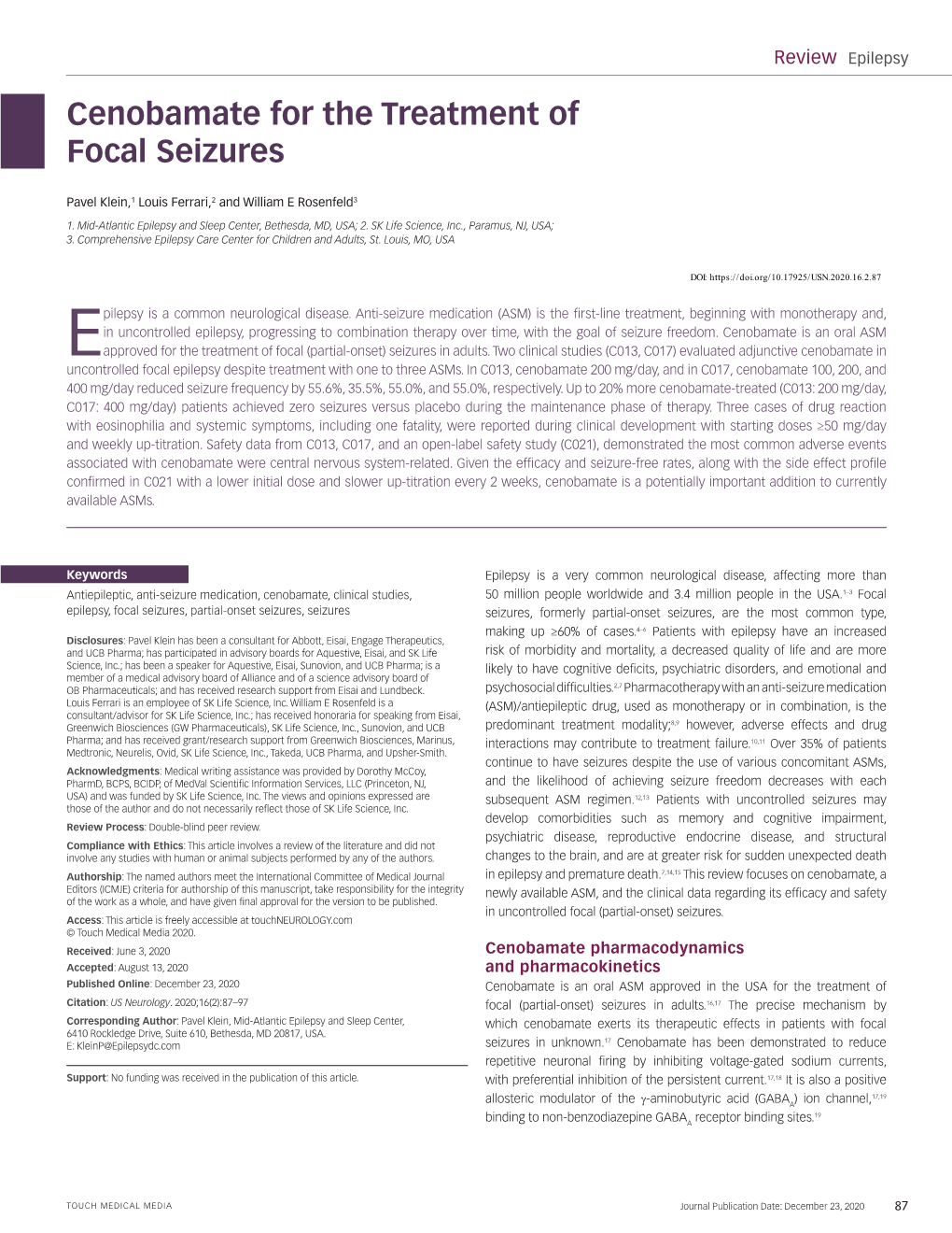 Cenobamate for the Treatment of Focal Seizures