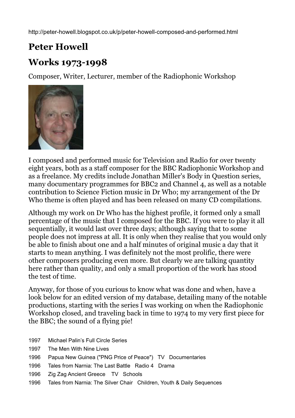 Peter Howell Works 1973-1998 Composer, Writer, Lecturer, Member of the Radiophonic Workshop