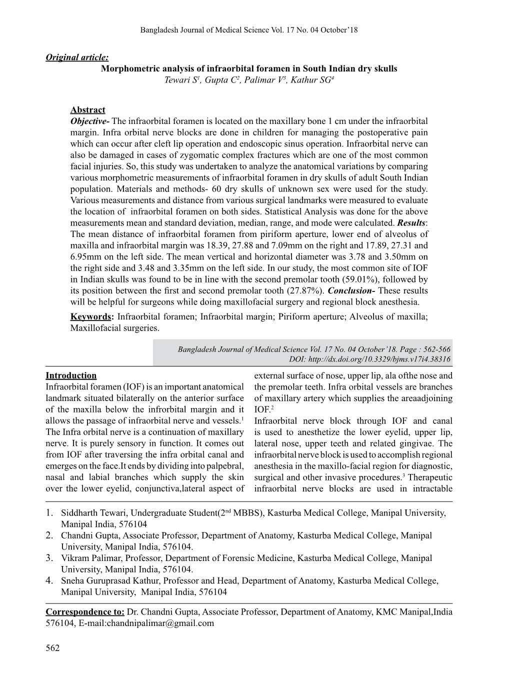 562 Original Article: Morphometric Analysis of Infraorbital Foramen In