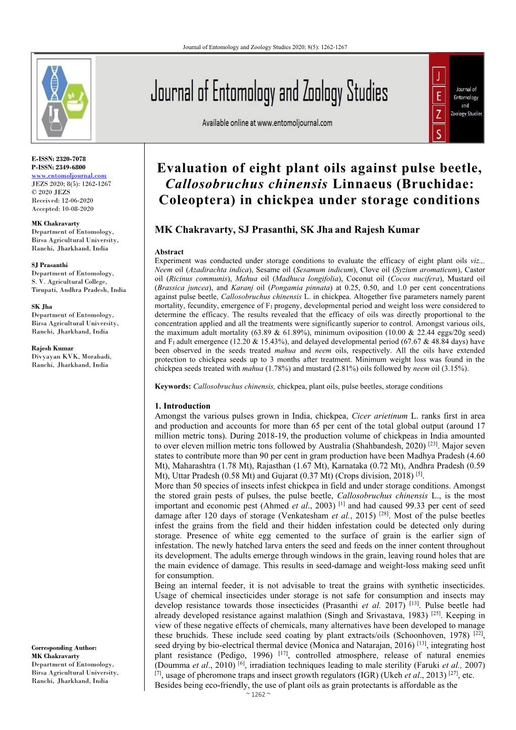 Evaluation of Eight Plant Oils Against Pulse Beetle, Callosobruchus