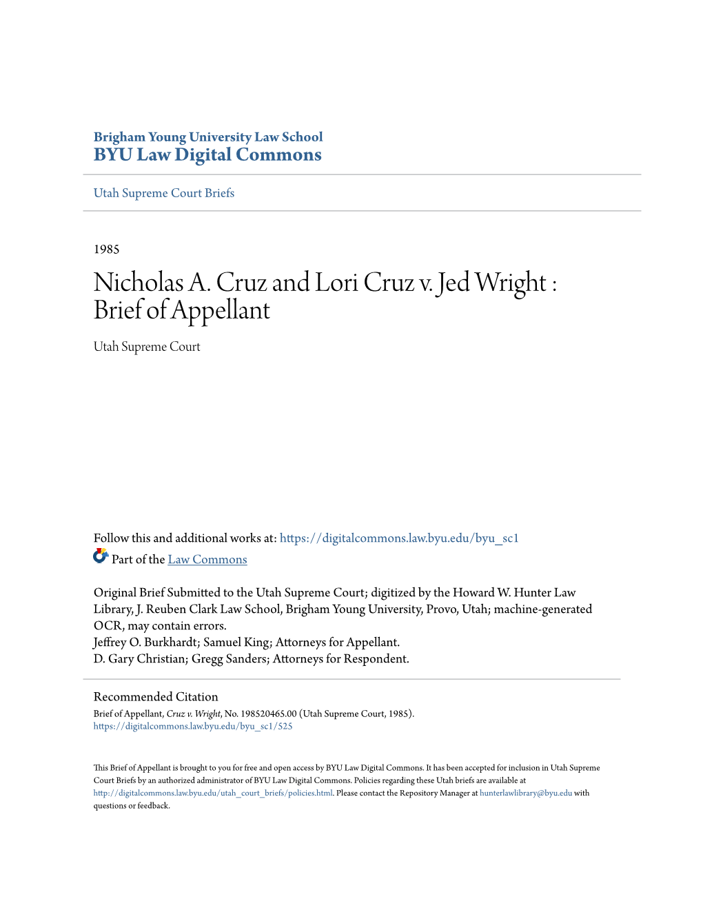 Nicholas A. Cruz and Lori Cruz V. Jed Wright : Brief of Appellant Utah Supreme Court