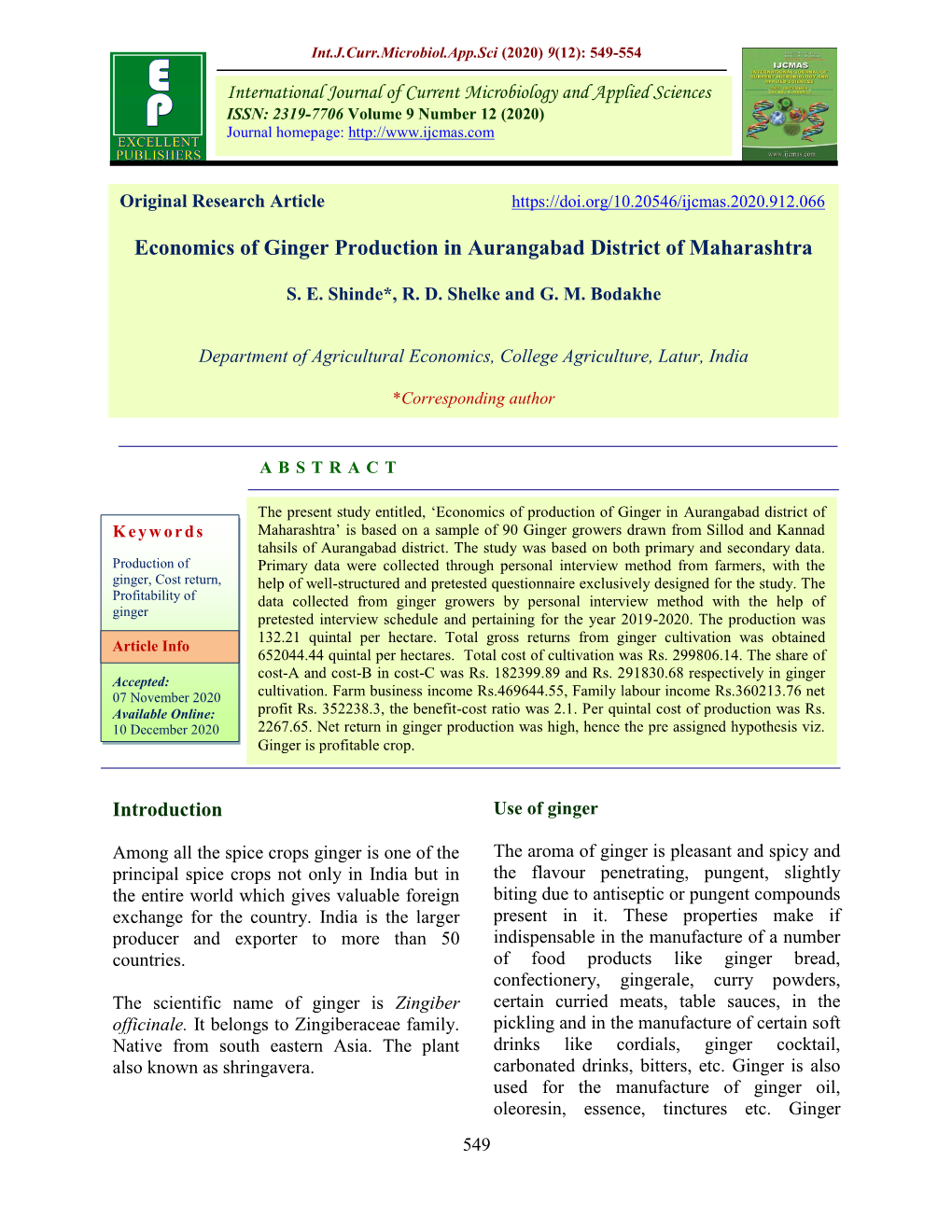 Economics of Ginger Production in Aurangabad District of Maharashtra