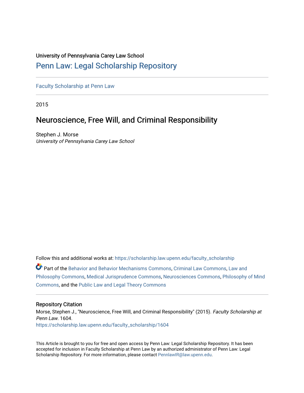 Neuroscience, Free Will, and Criminal Responsibility