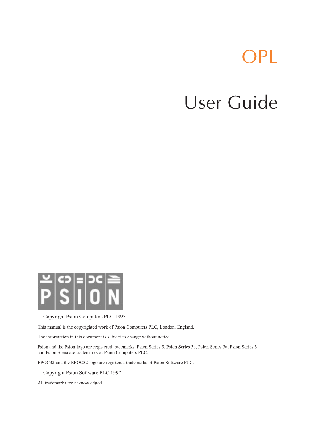 OPL User Guide for Psion Series 5, Series 3C and Siena Machines