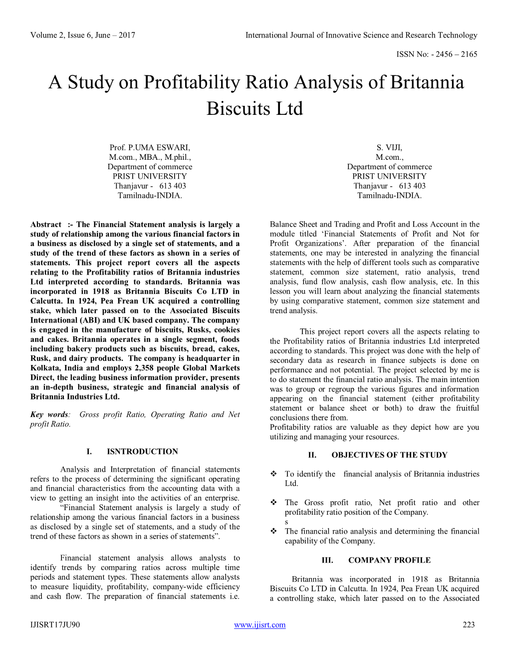 A Study on Profitability Ratio Analysis of Britannia Biscuits Ltd