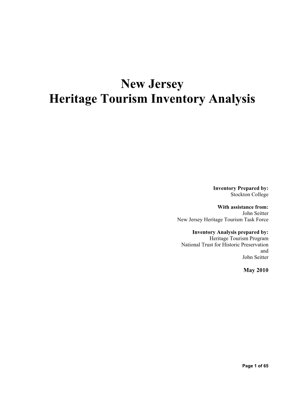 New Jersey Heritage Tourism Inventory Analysis