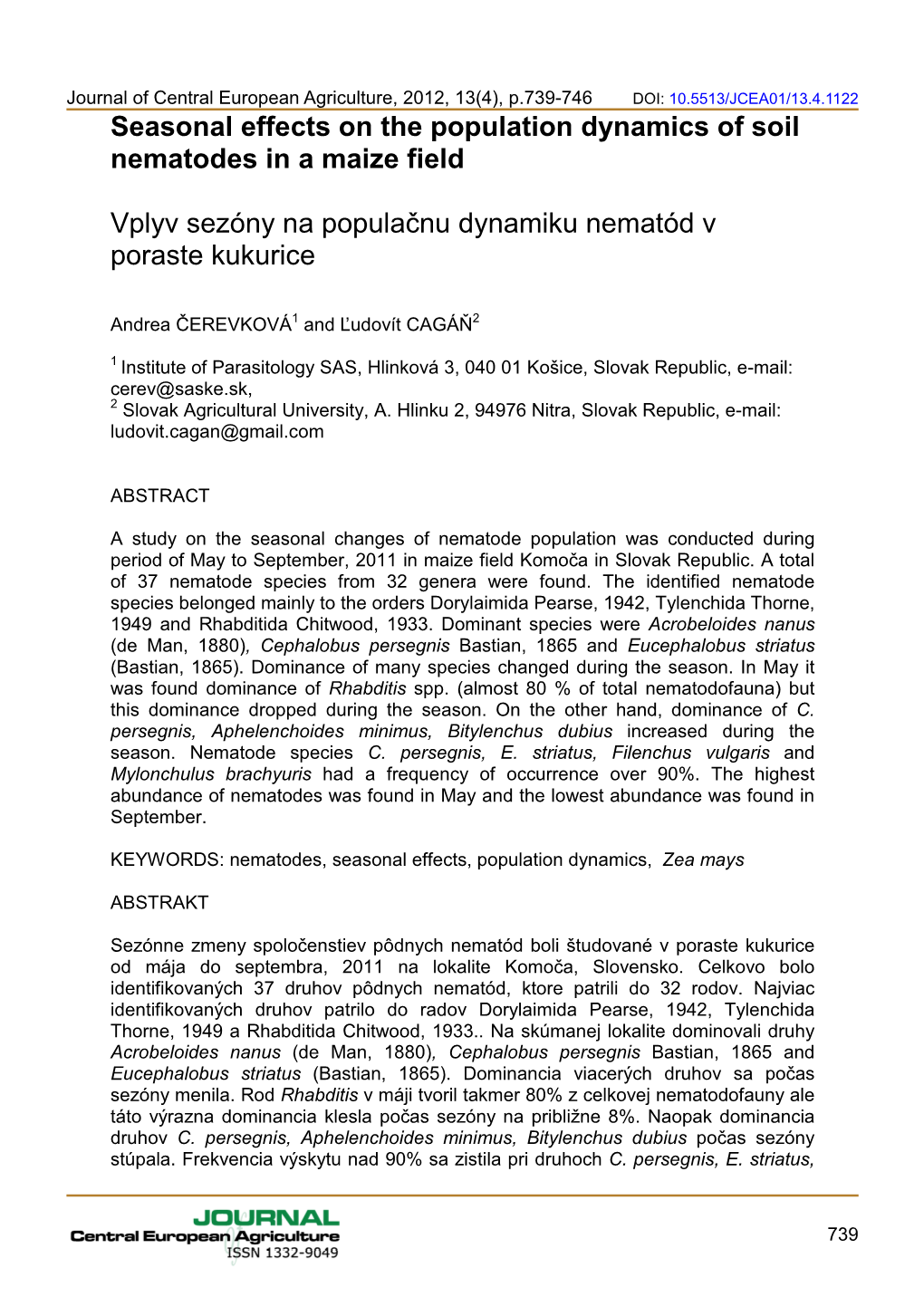 Seasonal Effects on the Population Dynamics of Soil Nematodes in a Maize Field