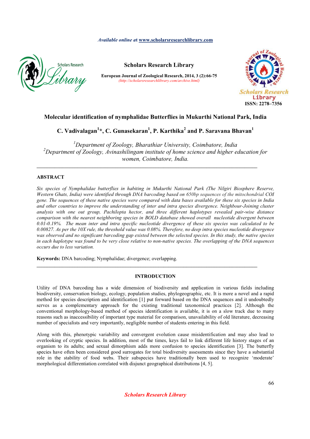 Molecular Identification of Nymphalidae Butterflies in Mukurthi National Park, India