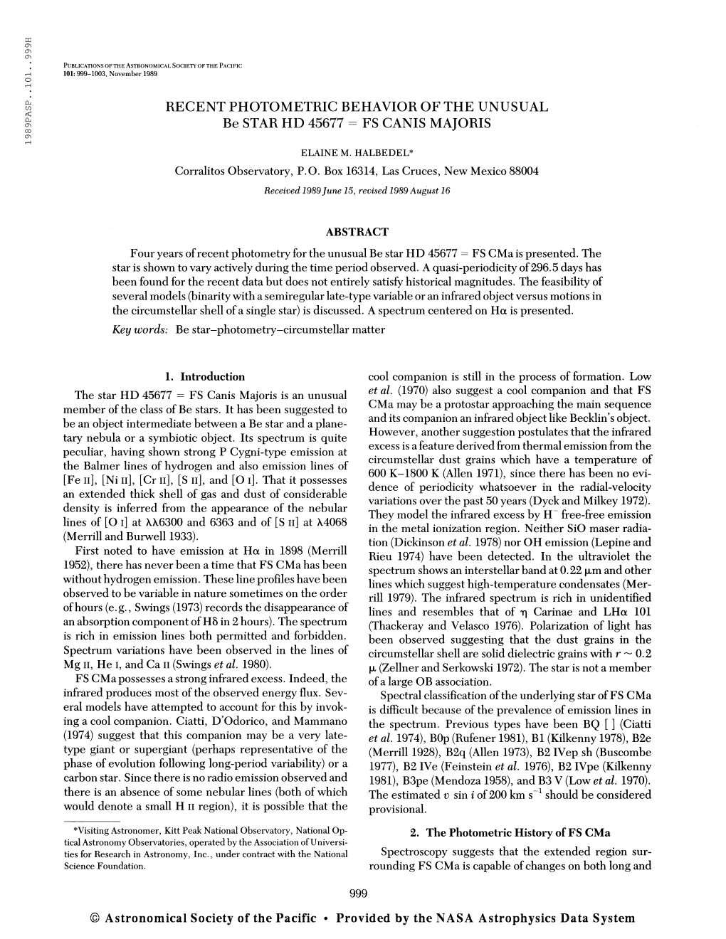 Publications of the Astronomical Society of the Pacific 101: 999-1003, November 1989