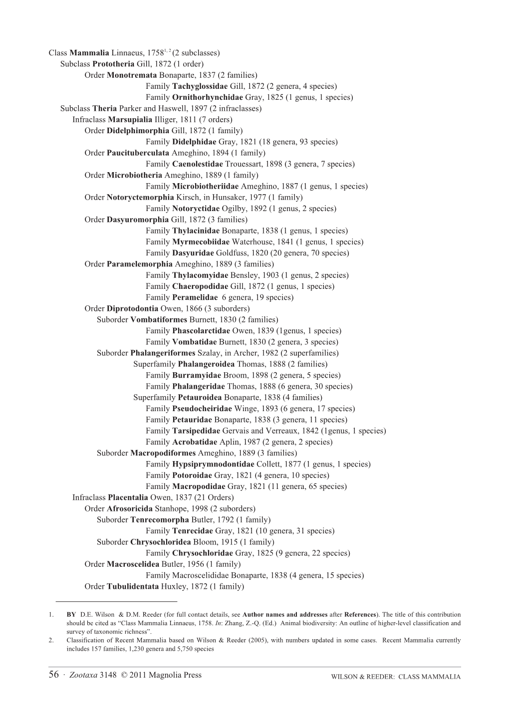 Class Mammalia Linnaeus, 1758. In: Zhang, Z.-Q. (Ed.) Animal Biodiversity: an Outline of Higher-Level Classification and Survey of Taxonomic Richness”