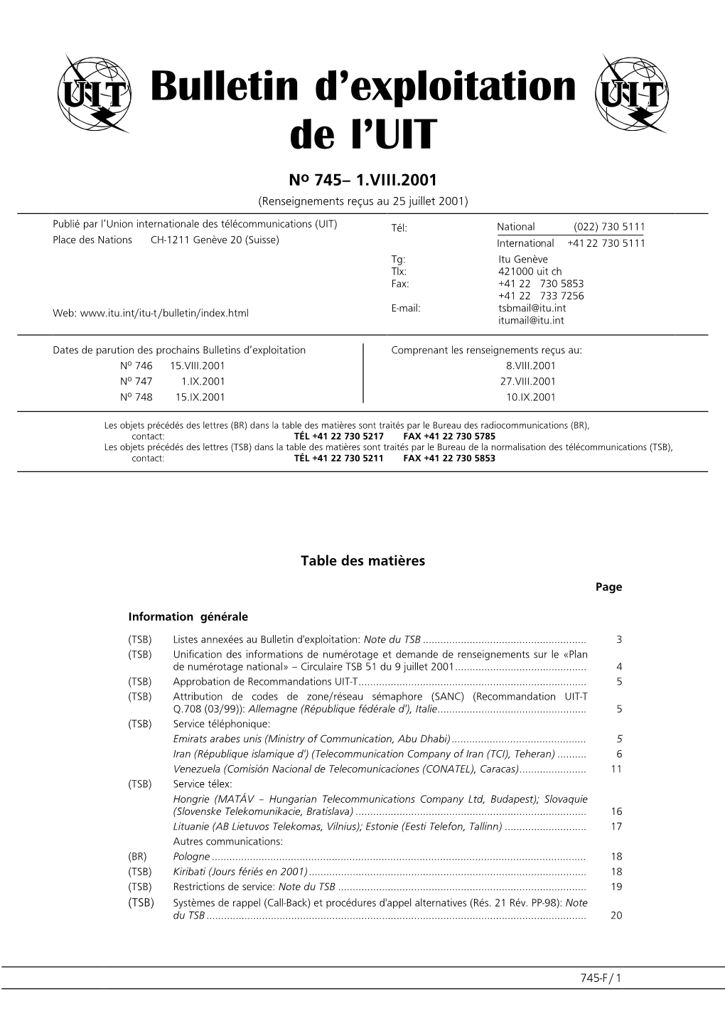 Bulletin D'exploitation De L'uit No 735 – 1.III.2001)