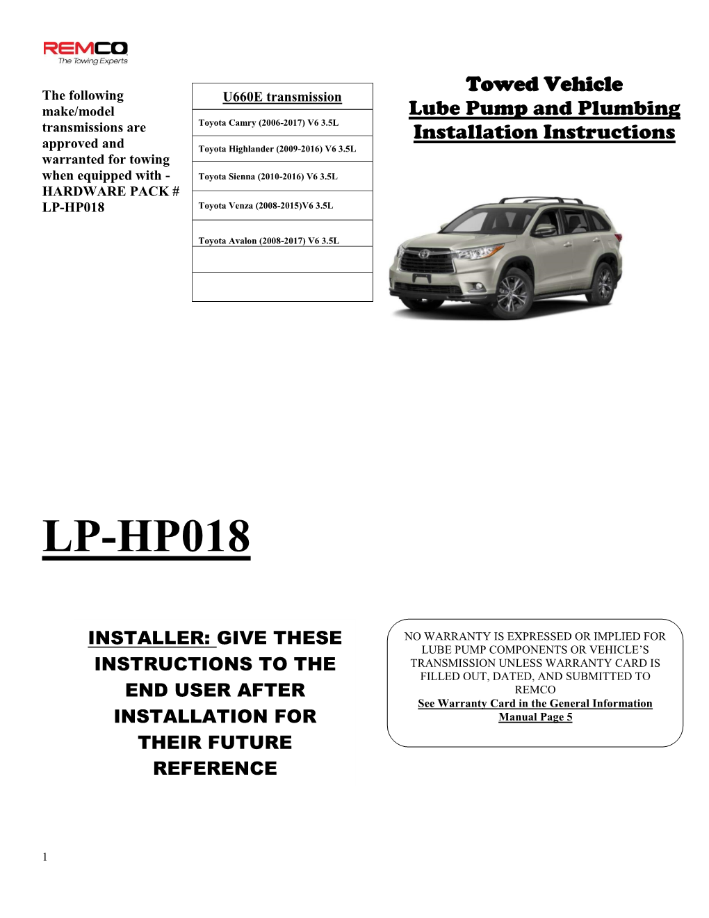 LP-HP018 Toyota Venza (2008-2015)V6 3.5L