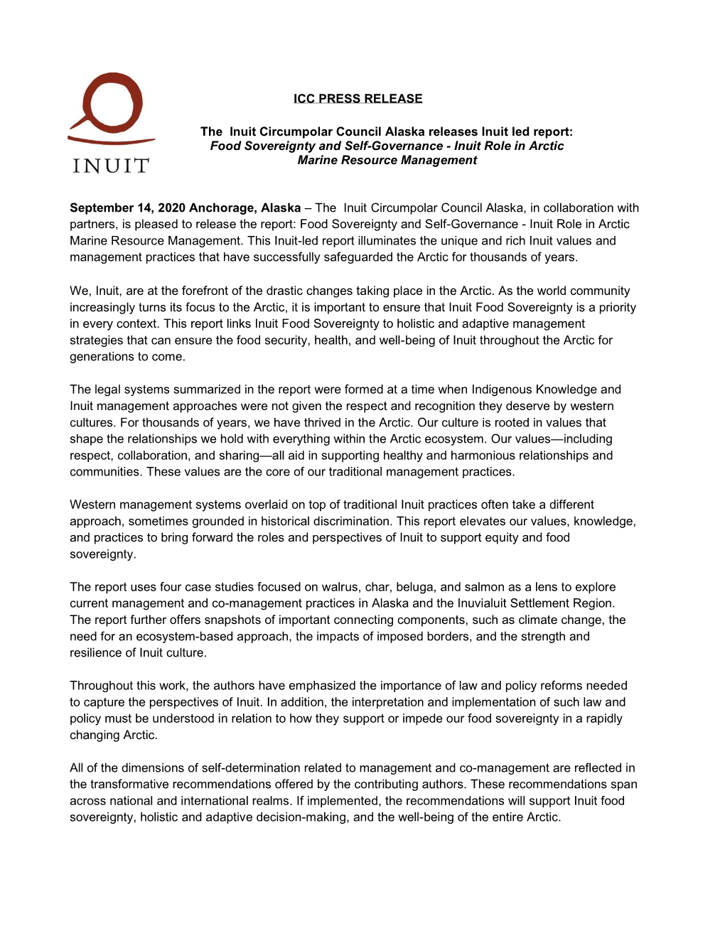 ICC PRESS RELEASE the Inuit Circumpolar Council Alaska