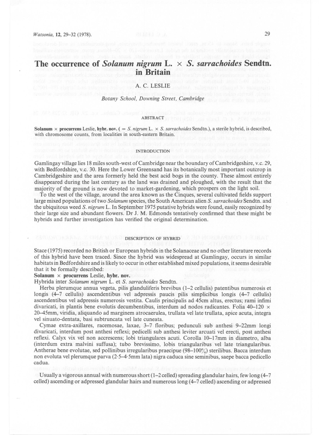 The Occurrence of Solanum Nigrum L. X S. Sarrachoides Sendtn. in Britain