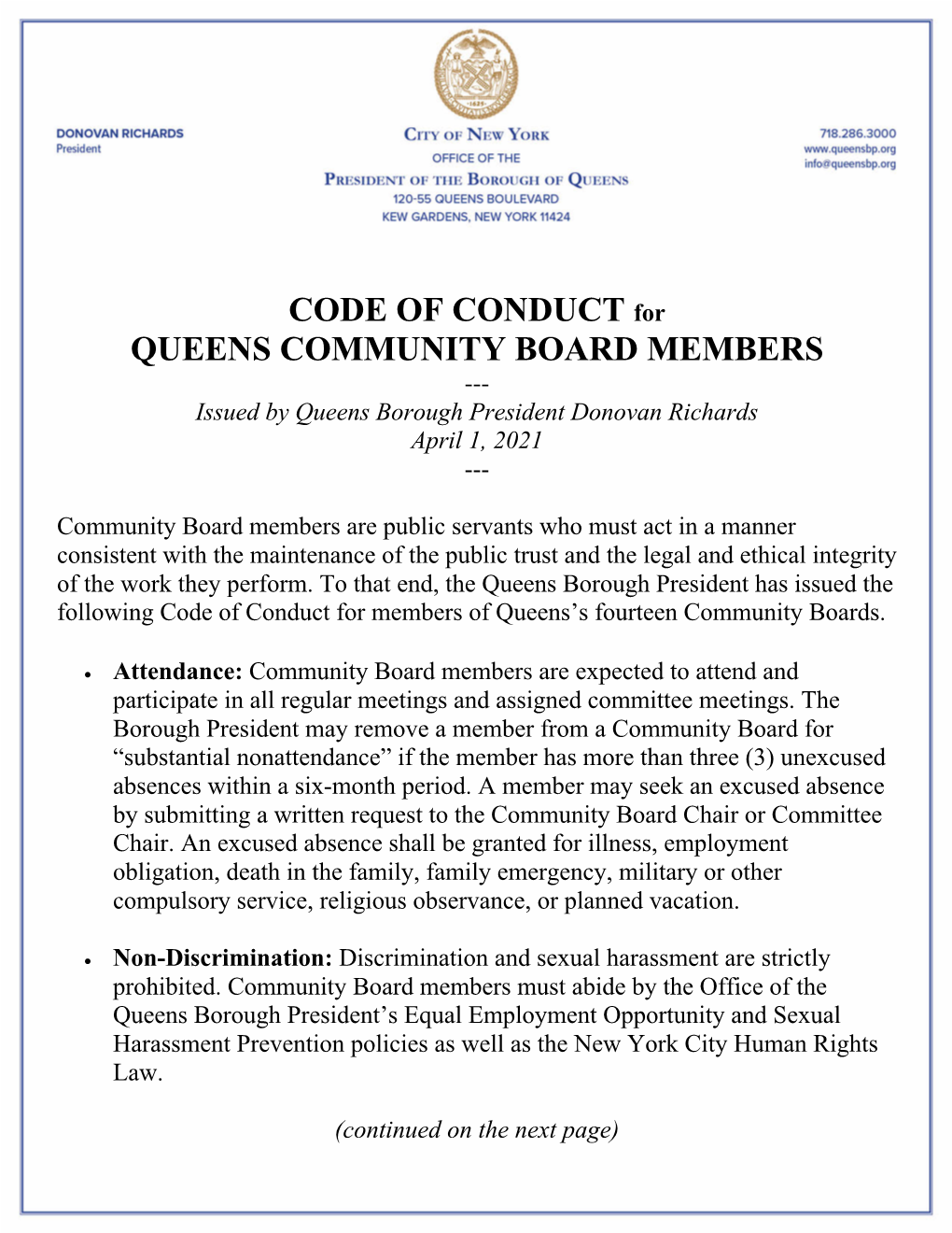 CODE of CONDUCT for QUEENS COMMUNITY BOARD MEMBERS --- Issued by Queens Borough President Donovan Richards April 1, 2021