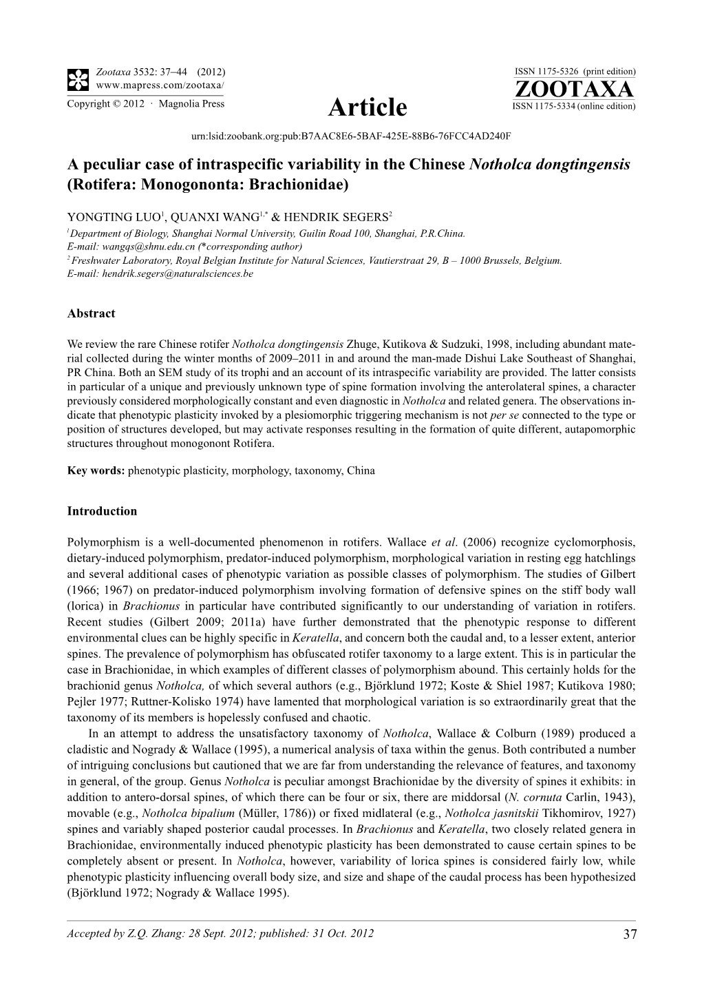A Peculiar Case of Intraspecific Variability in the Chinese Notholca Dongtingensis (Rotifera: Monogononta: Brachionidae)