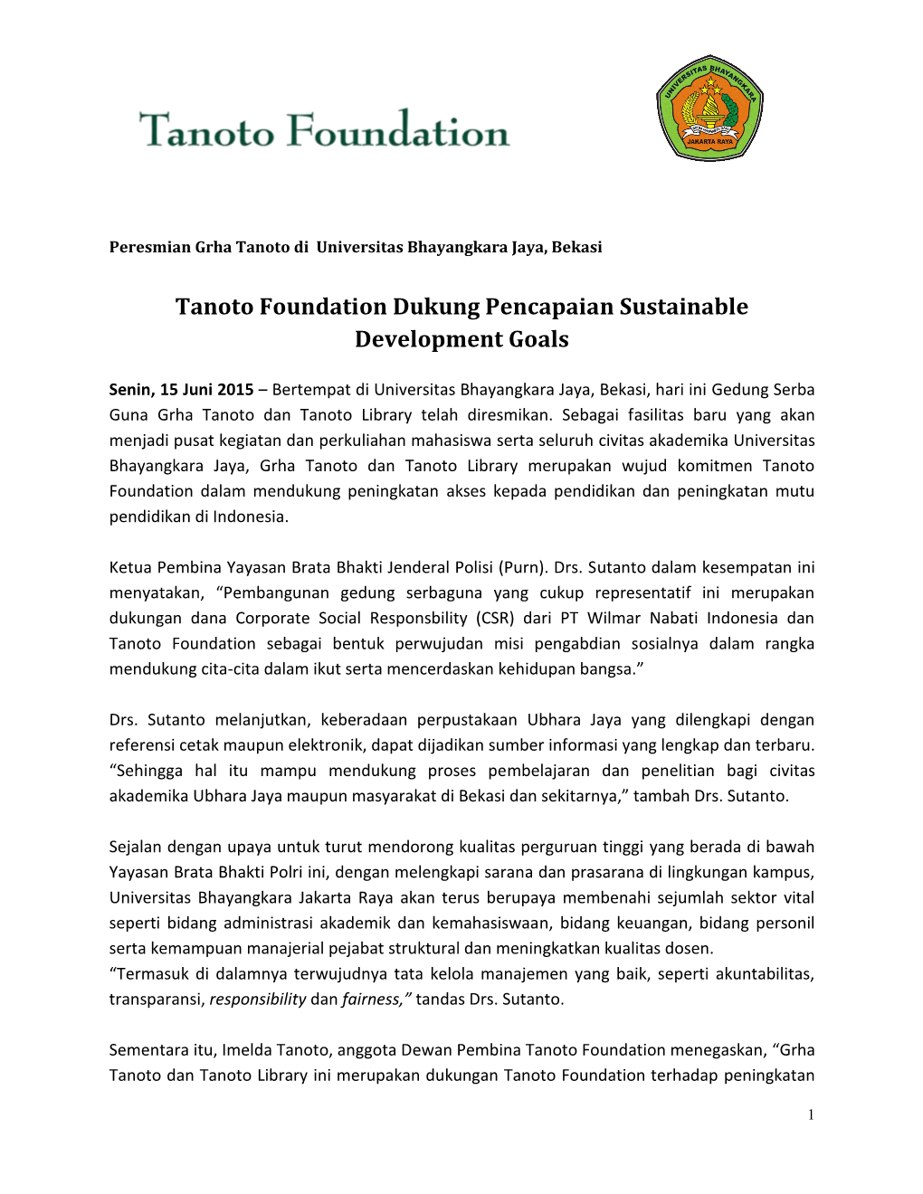 Tanoto Foundation Dukung Pencapaian Sustainable Development Goals