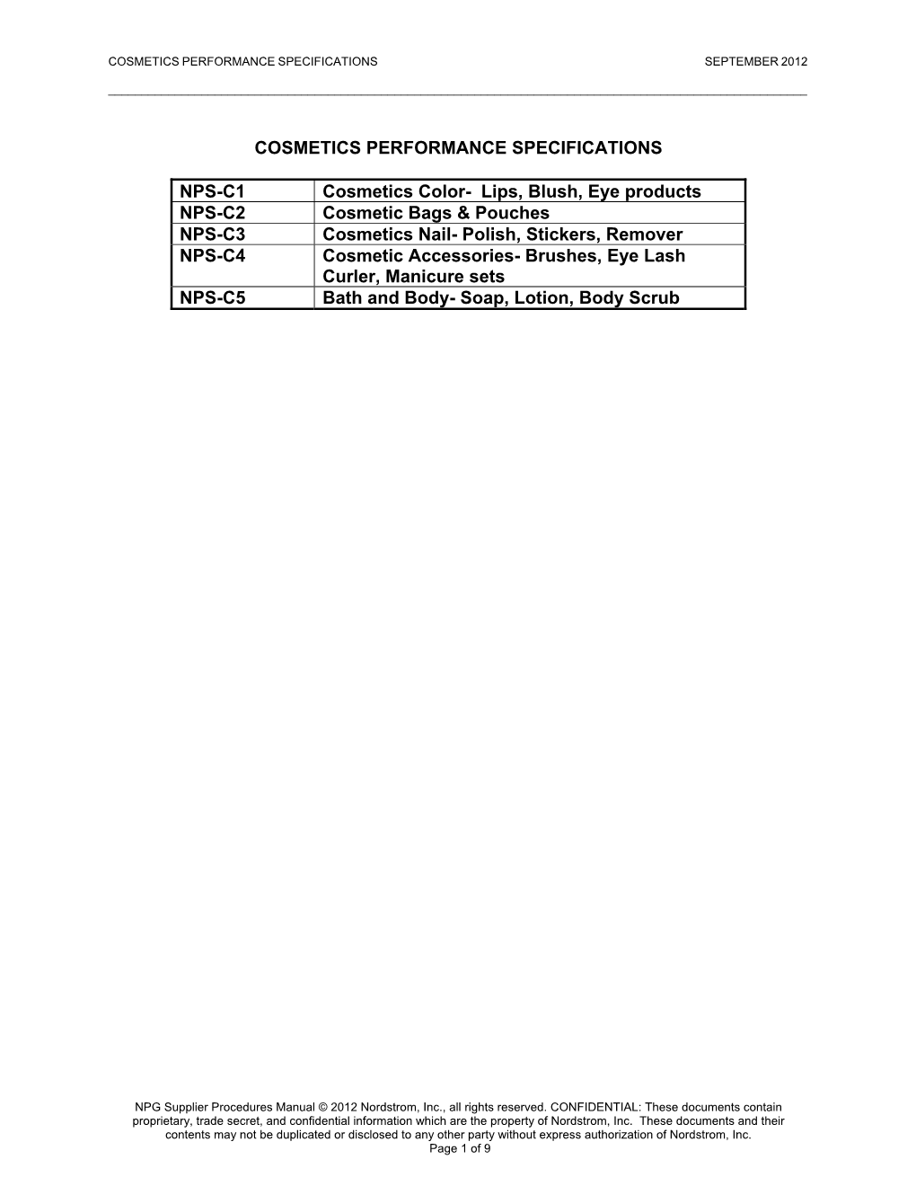 Cosmetics Performance Specifications Nps-C1