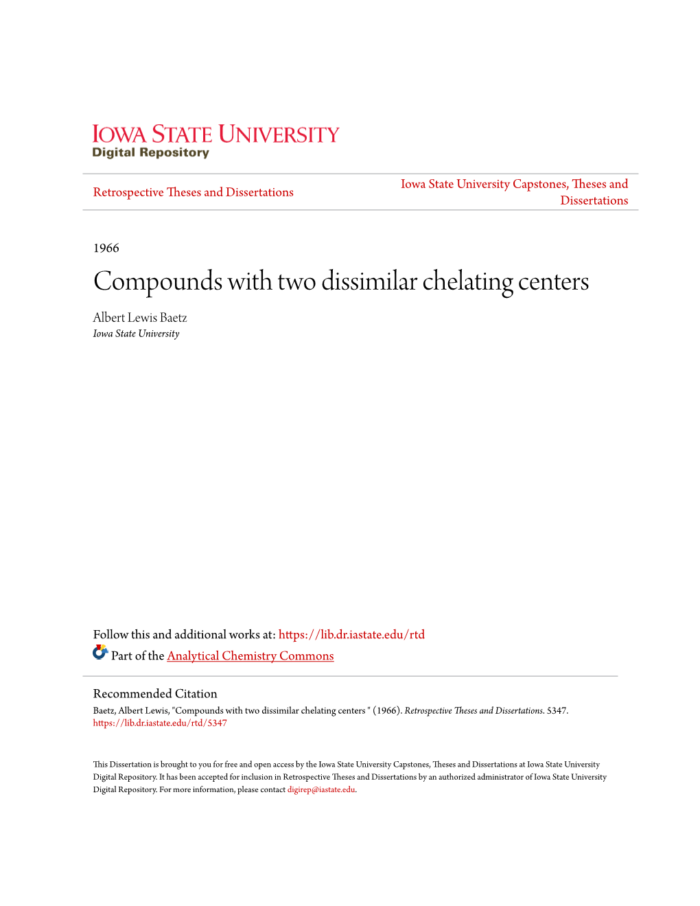 Compounds with Two Dissimilar Chelating Centers Albert Lewis Baetz Iowa State University