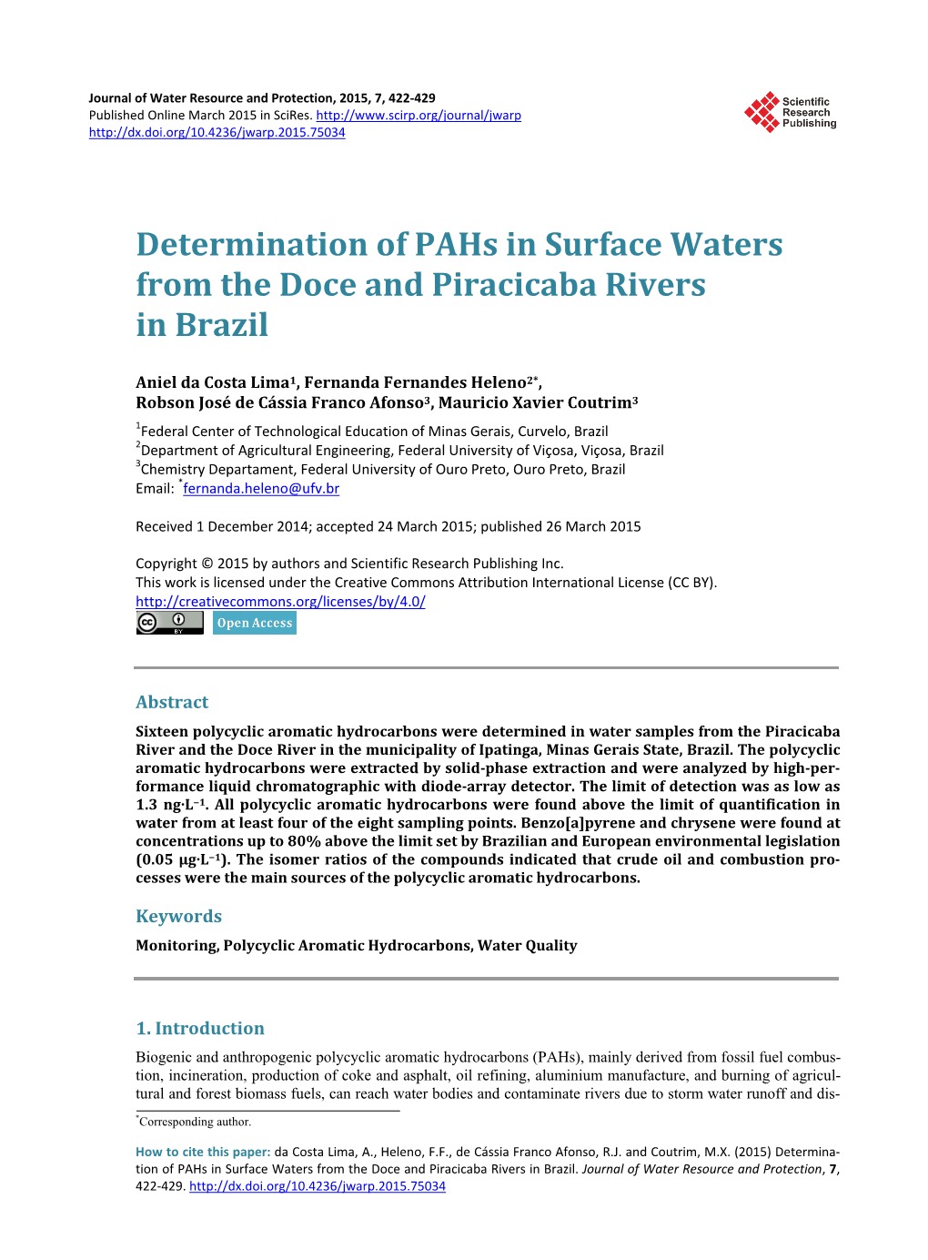 Determination of Pahs in Surface Waters from the Doce and Piracicaba Rivers in Brazil