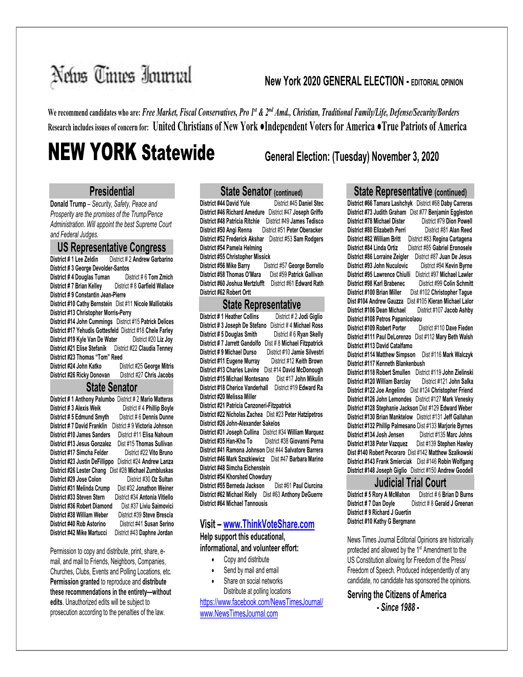 NEW YORK Statewide General Election: (Tuesday) November 3, 2020