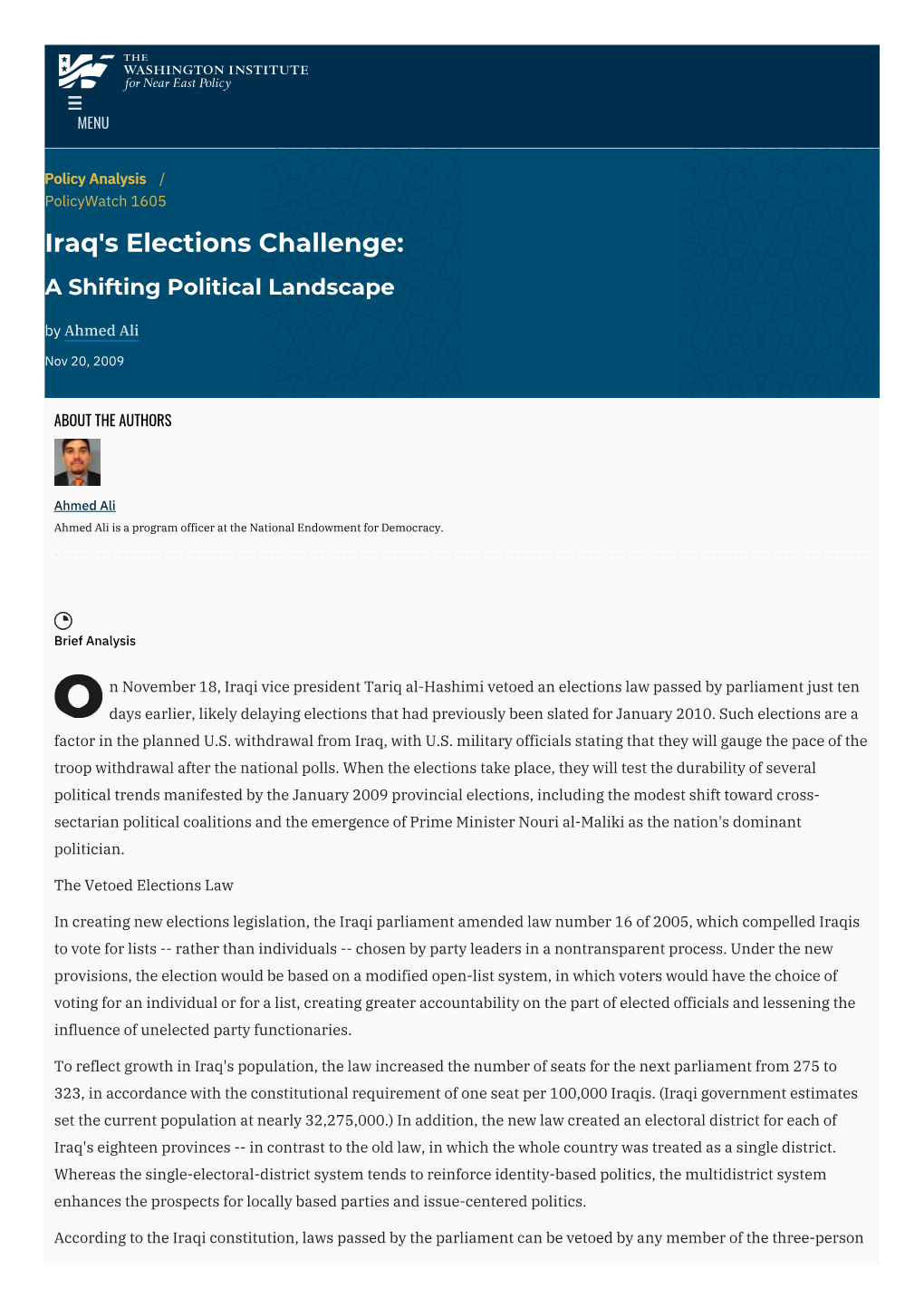 Iraq's Elections Challenge: a Shifting Political Landscape by Ahmed Ali