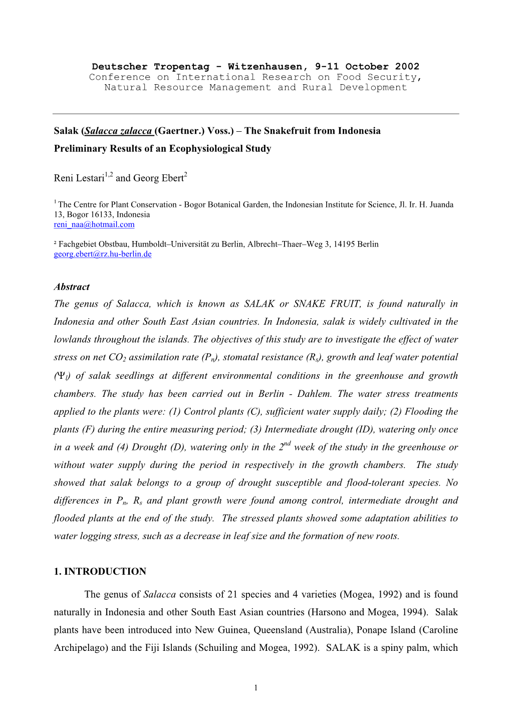 Salak (Salacca Zalacca (Gaertner.) Voss.) – the Snakefruit from Indonesia Preliminary Results of an Ecophysiological Study