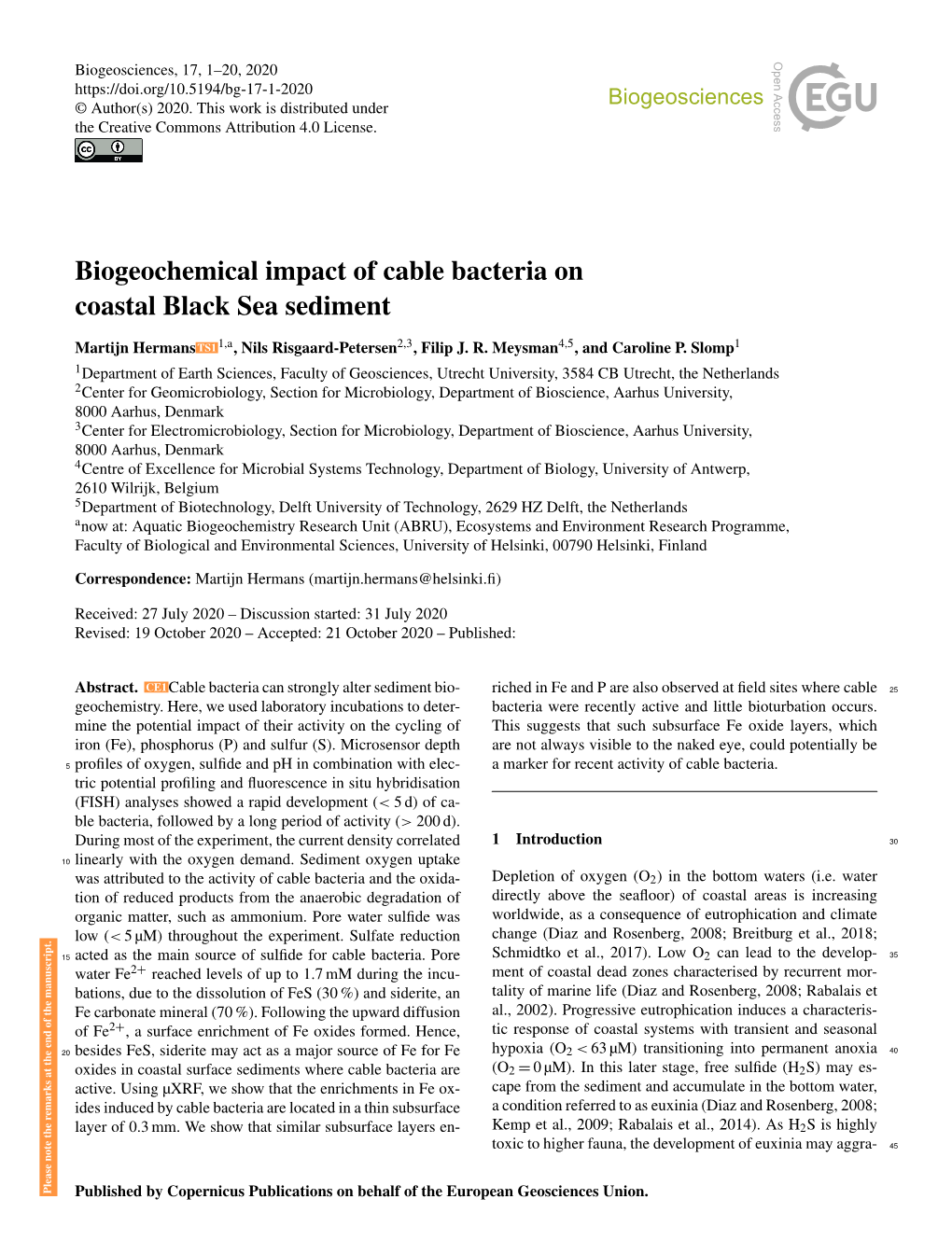 Biogeochemical Impact of Cable Bacteria on Coastal Black Sea Sediment