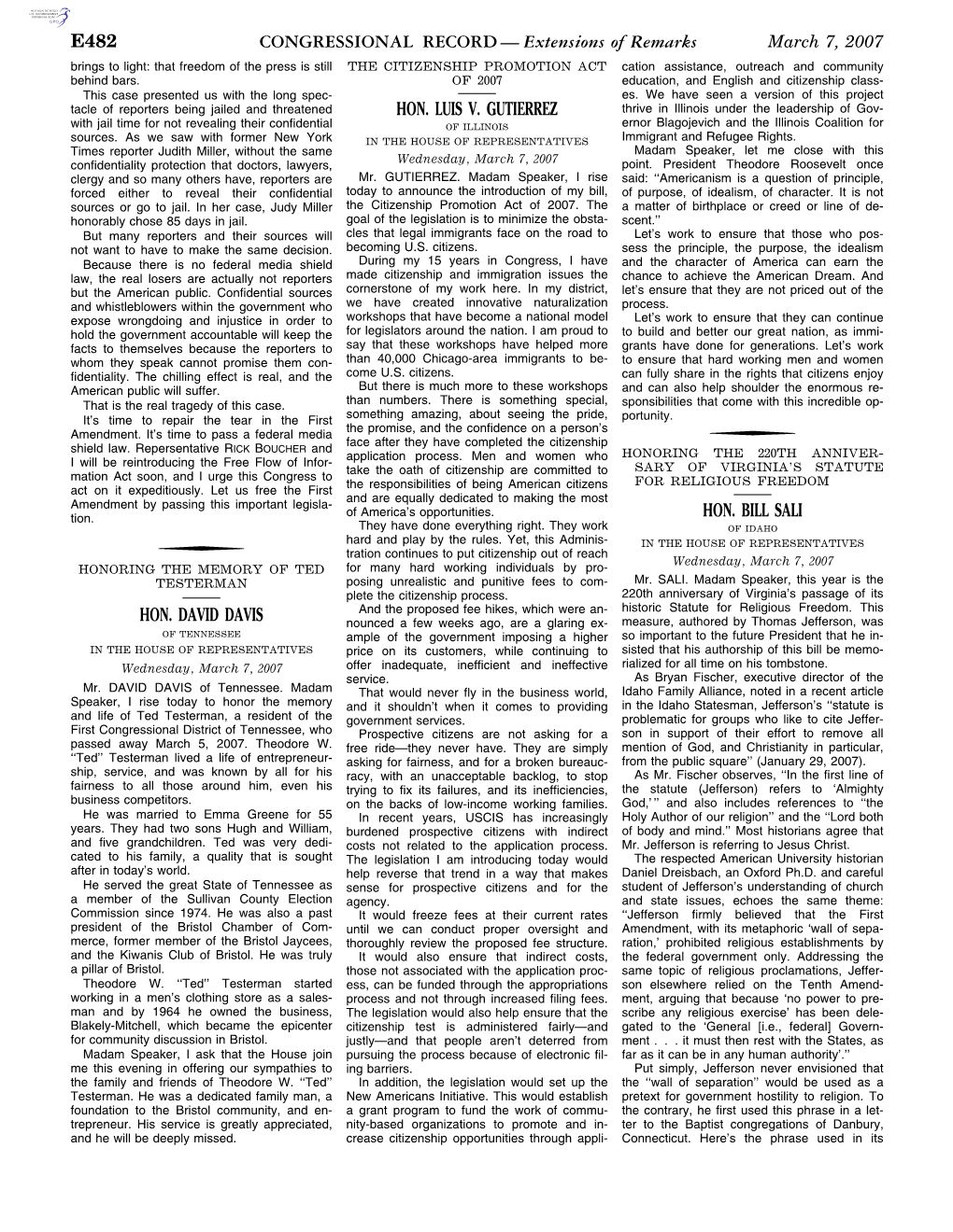 CONGRESSIONAL RECORD— Extensions of Remarks E482 HON. DAVID DAVIS HON. LUIS V. GUTIERREZ HON. BILL SALI